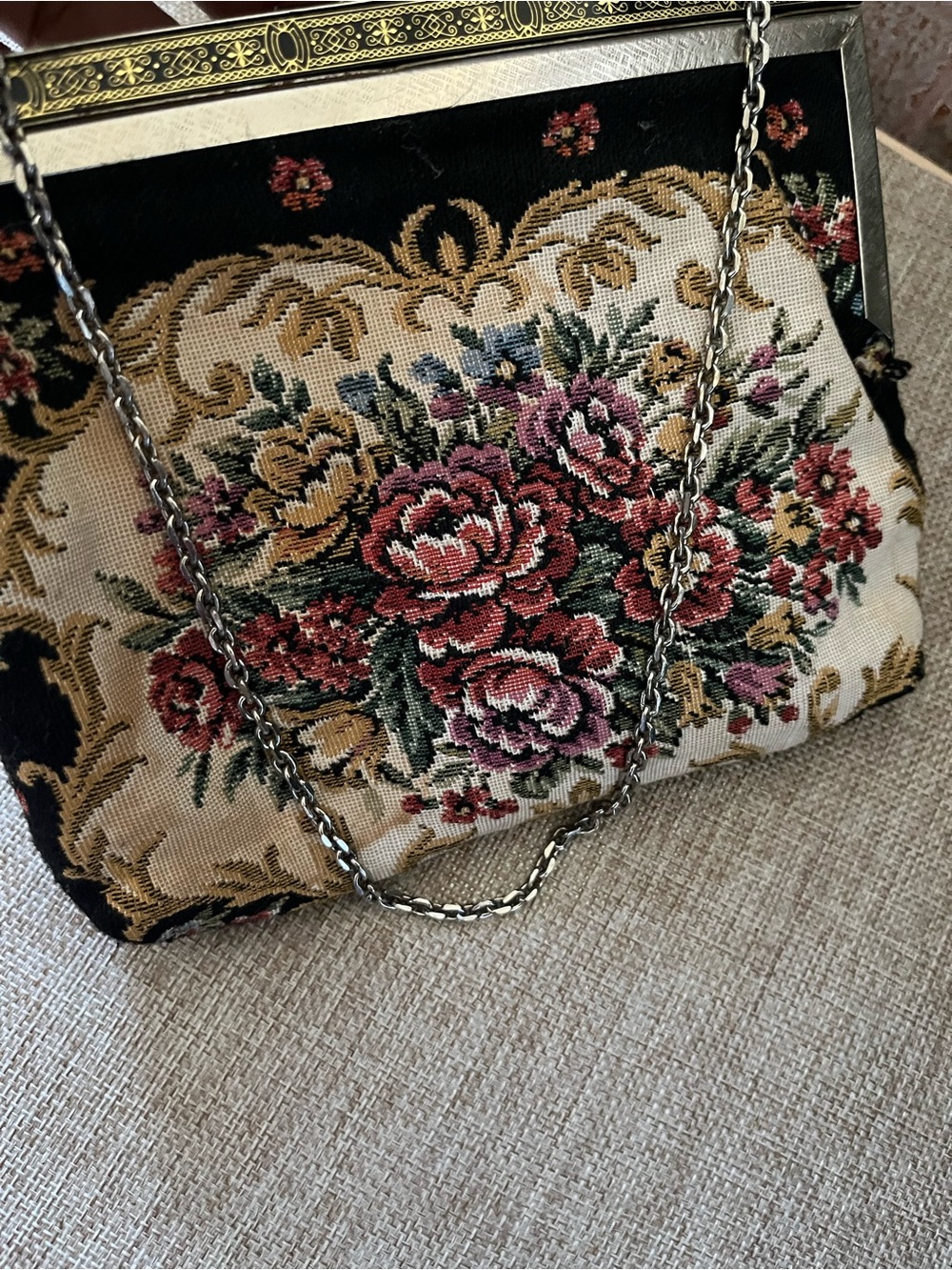 Vintage Floral Tapestry Evening Clutch - Pink, Cream & Black - Picture 4 of 6